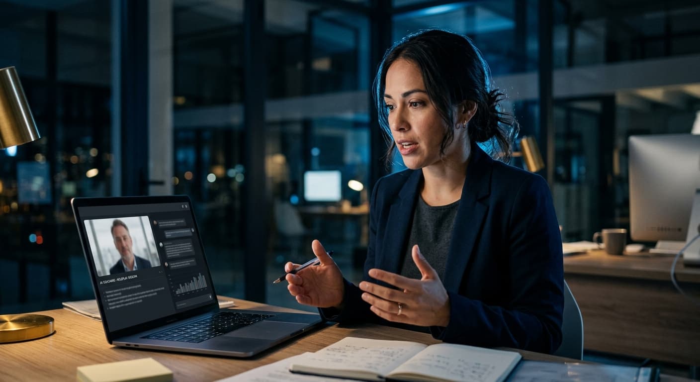 A sales professional rehearsing a customer conversation on a laptop at night