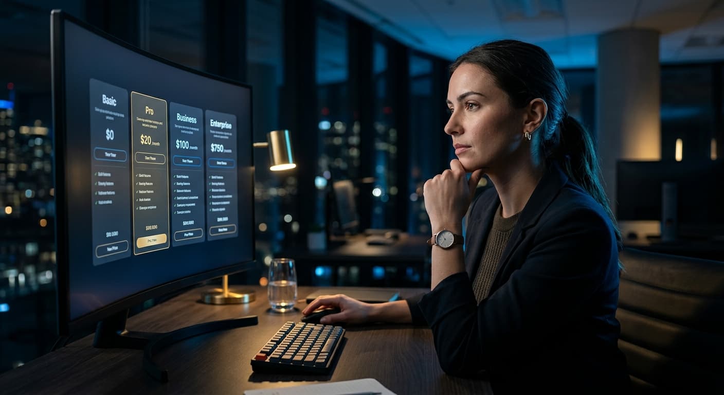 Специалист по sales operations сравнивает тарифные планы ПО на мониторе в тёмном режиме