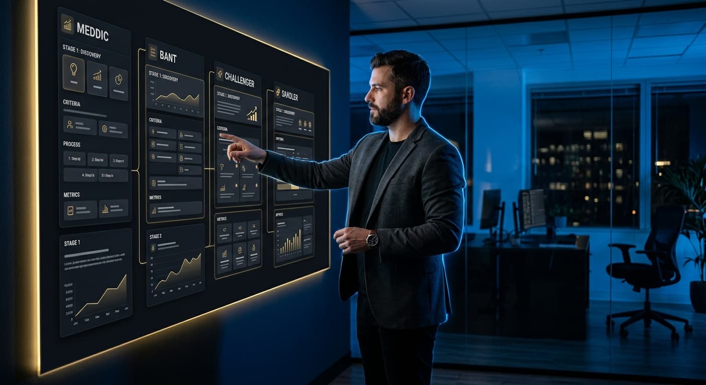 Eine Sales-Enablement-Managerin vergleicht Vertriebsmethodik-Frameworks auf einem Dark-Mode-Display