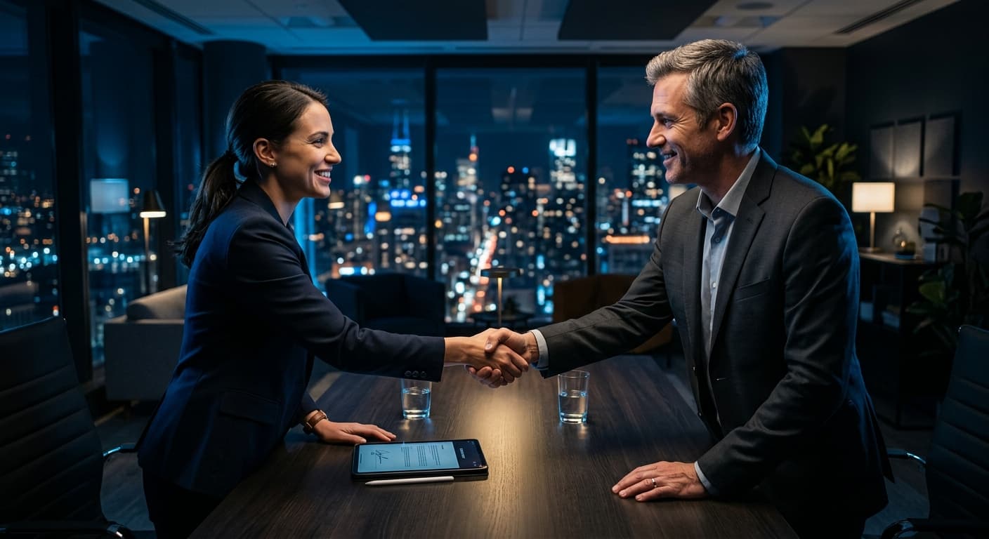 An account executive shaking hands with a client after closing a deal