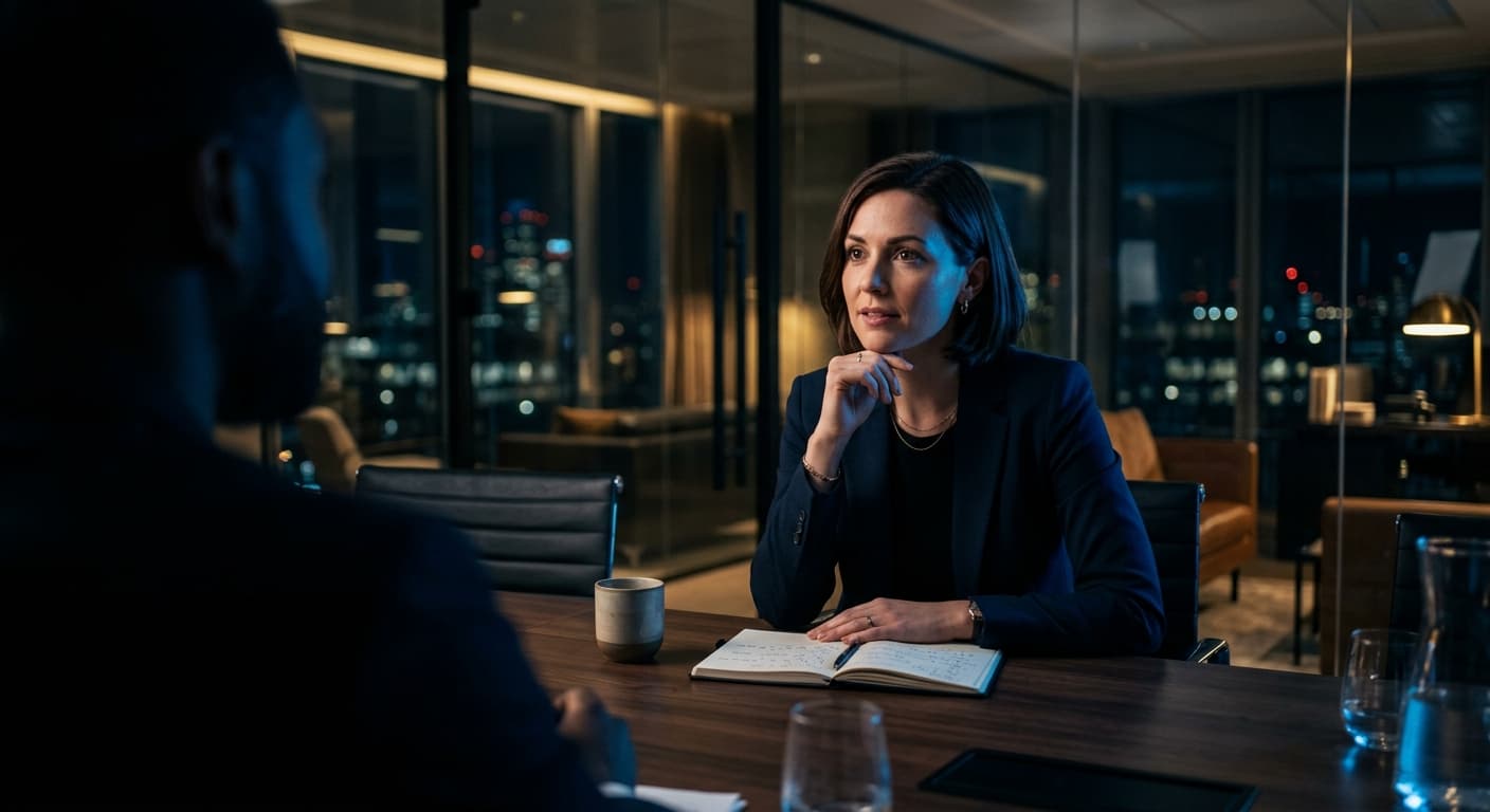 An account executive listening intently across a conference table
