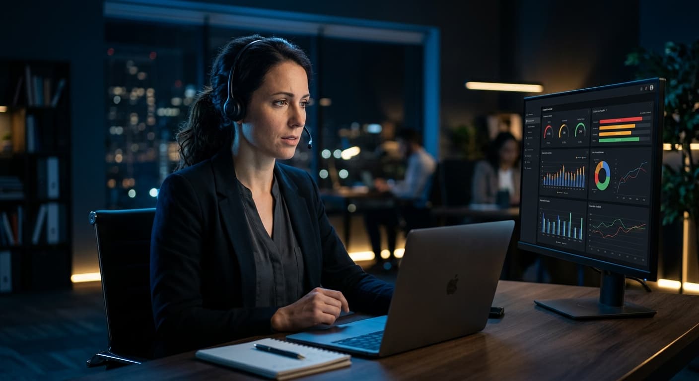 A customer success manager on a serious video call with a customer health dashboard visible