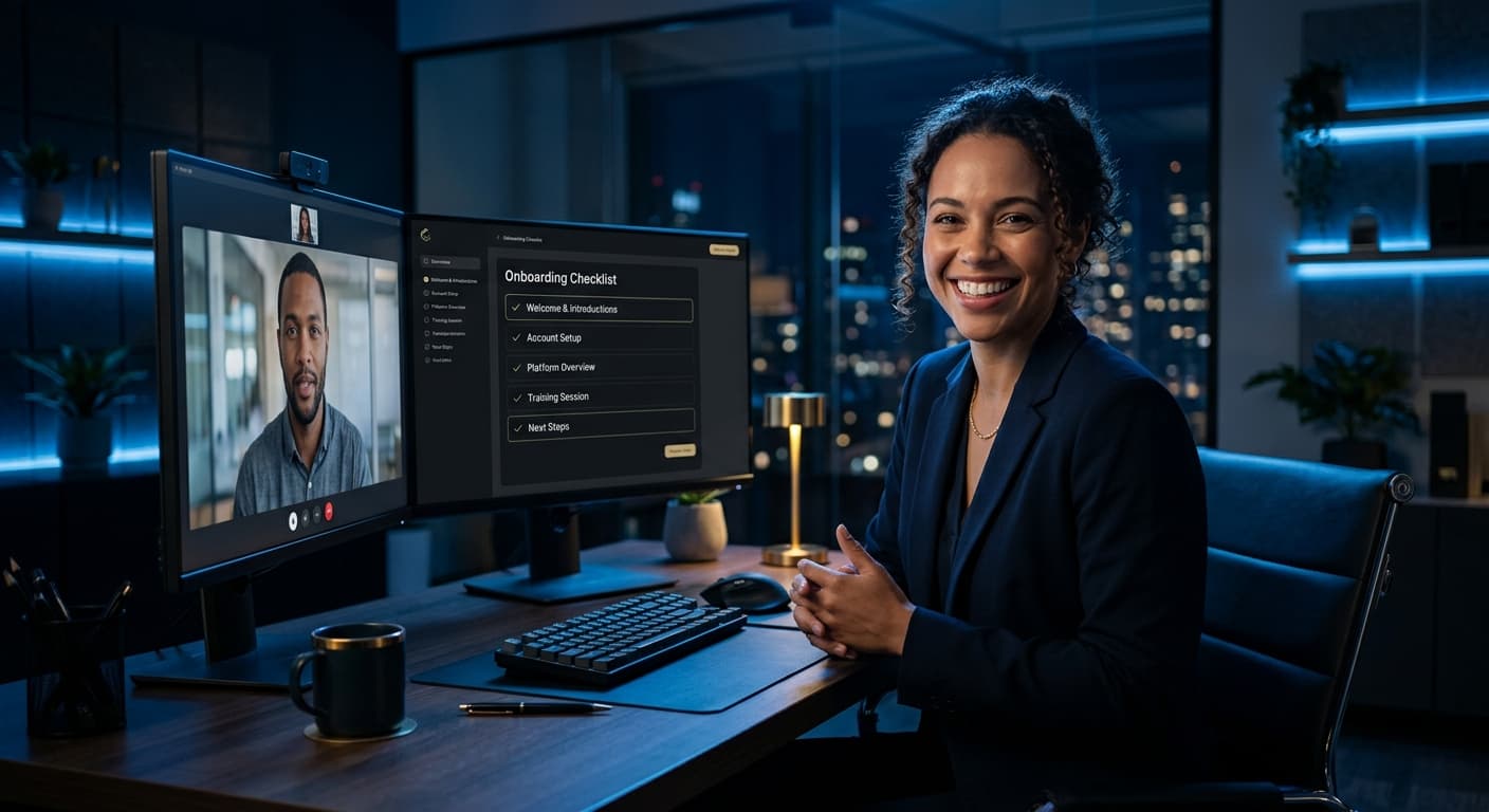 A customer success manager welcoming a new client on a video call