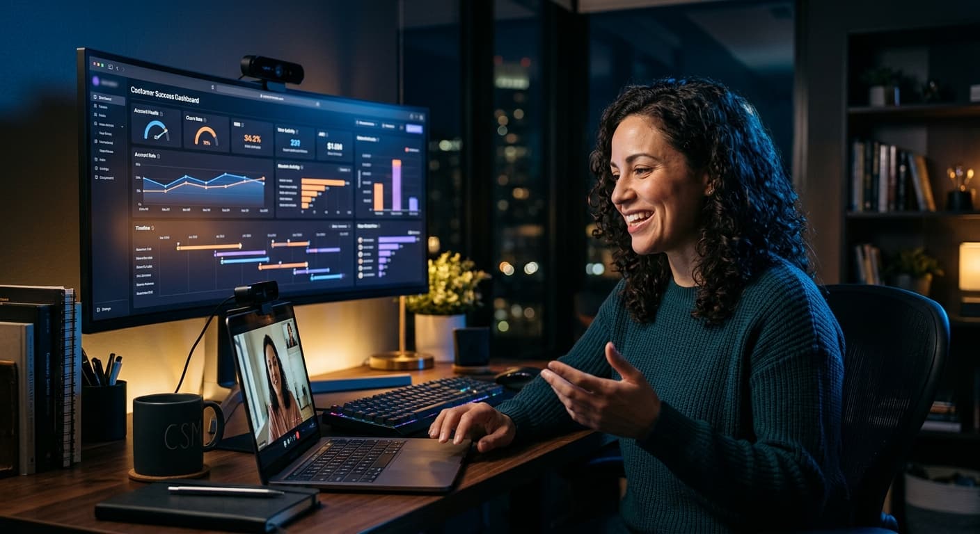 A customer success manager in a friendly conversation on a video call