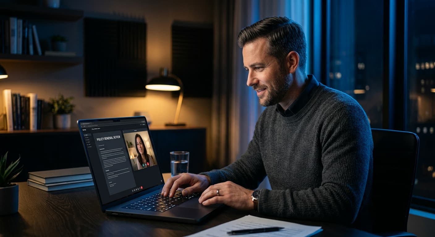 An insurance agent reviewing a policy renewal with a client on a video call