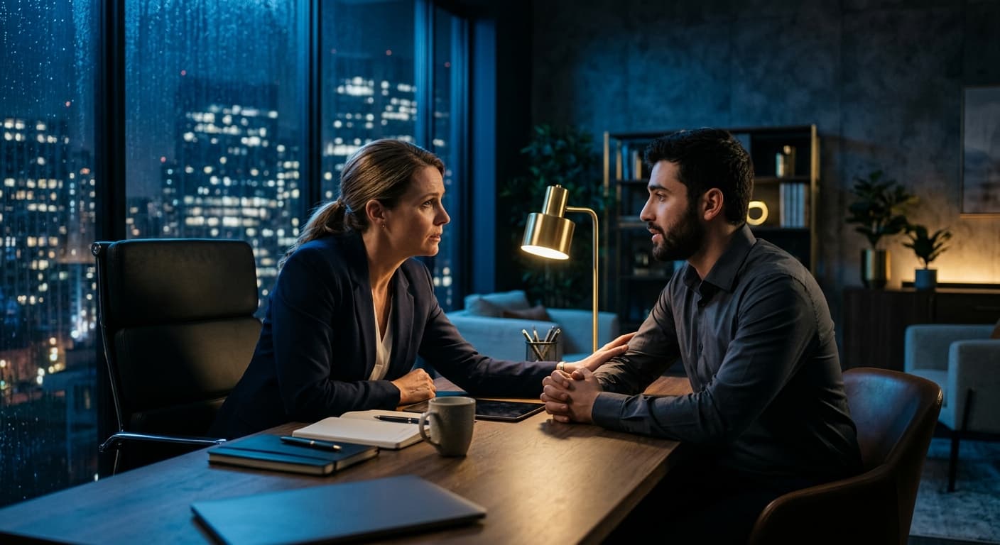 Ein Vertriebsleiter führt ein ernstes, einfühlsames Gespräch mit einem Rep in einem privaten Büro