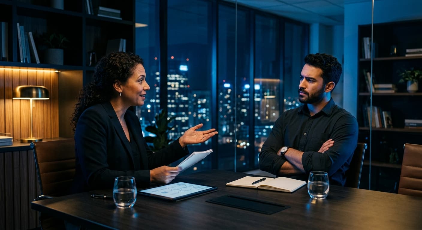 Eine Sales-Managerin in einem geduldigen Coaching-Gespräch mit einem skeptischen Rep
