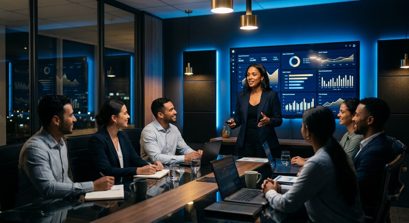 A sales manager leading an engaged team meeting in a conference room