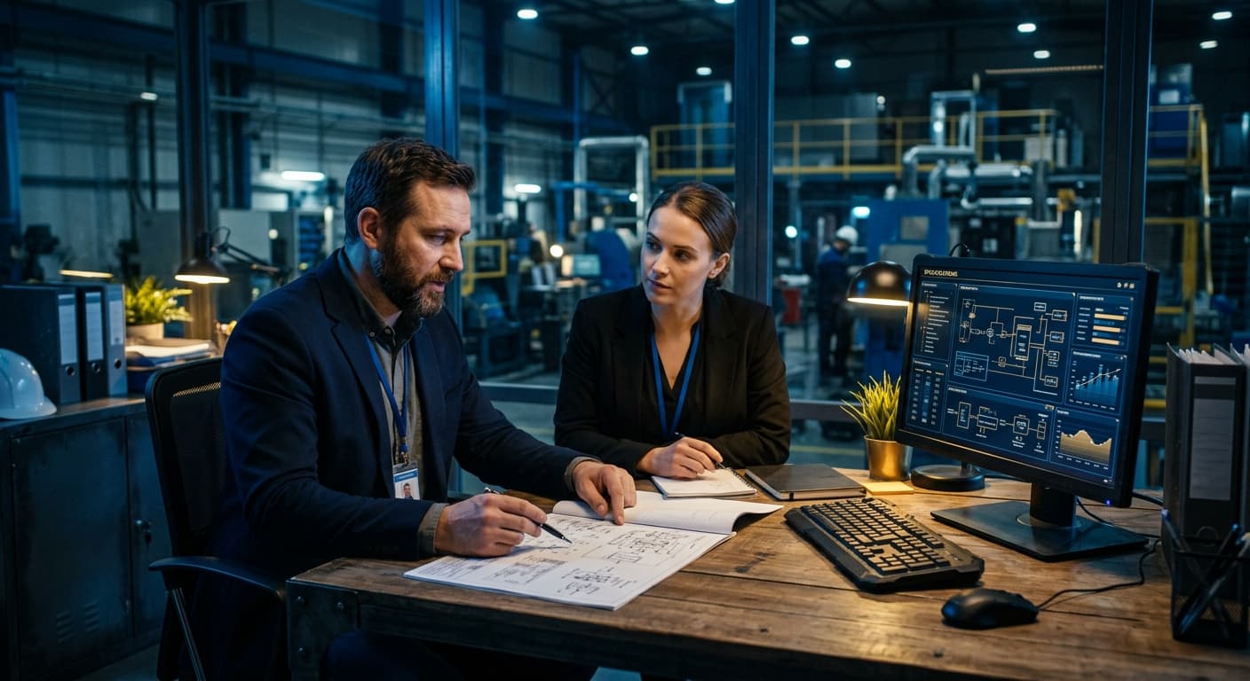 Un ingeniero de ventas industrial revisando una propuesta técnica con un gerente de compras