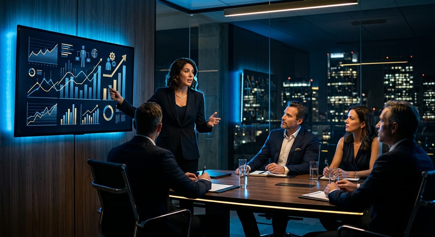A sales enablement leader presenting a proposal to executives in a boardroom