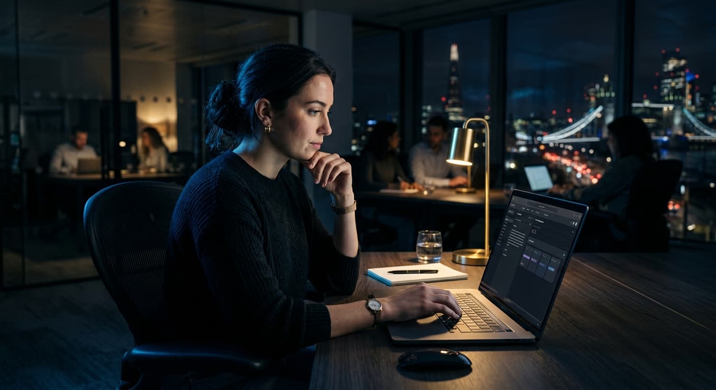 An SDR writing a cold email at a laptop in a dark modern office