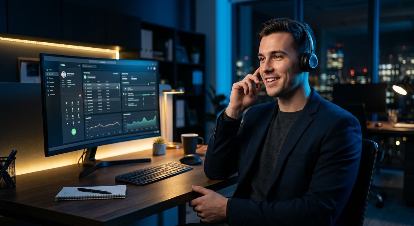 An SDR on a confident phone call with a dialer interface visible behind them