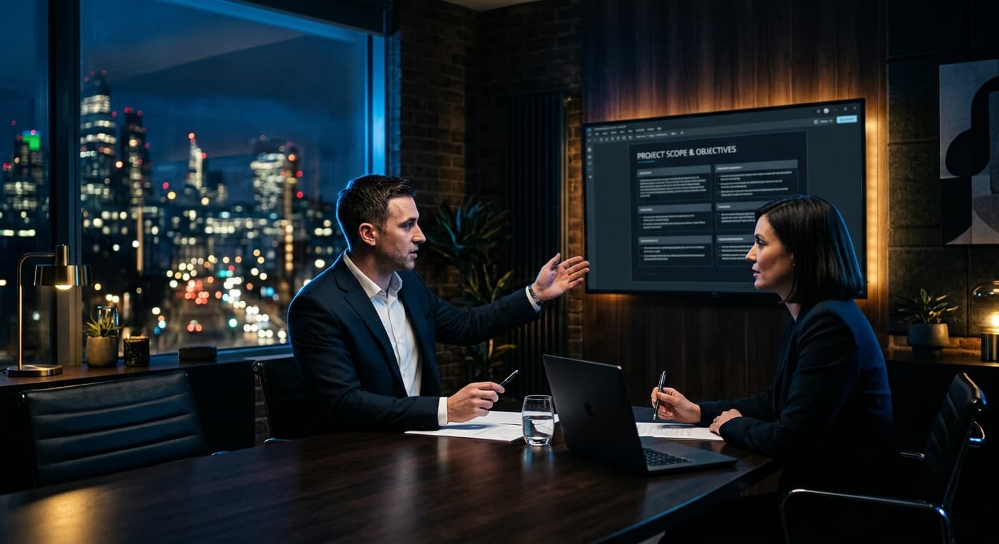 A professional services consultant discussing a project scope document with a client