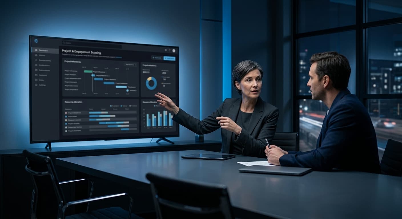 A professional services consultant rehearsing a client pitch in Frontline Coach