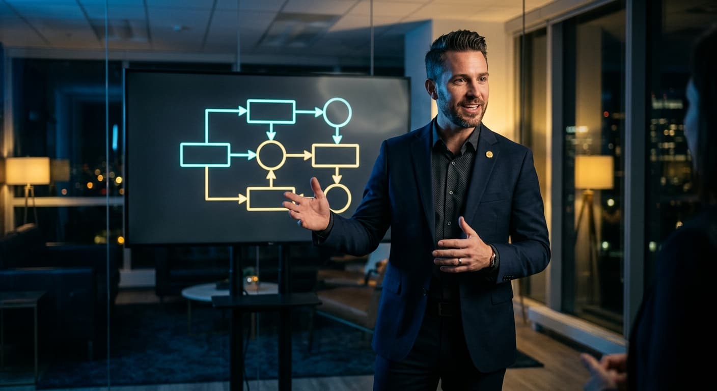 A sales professional building an ROI calculation next to a business case diagram on a dark-mode monitor