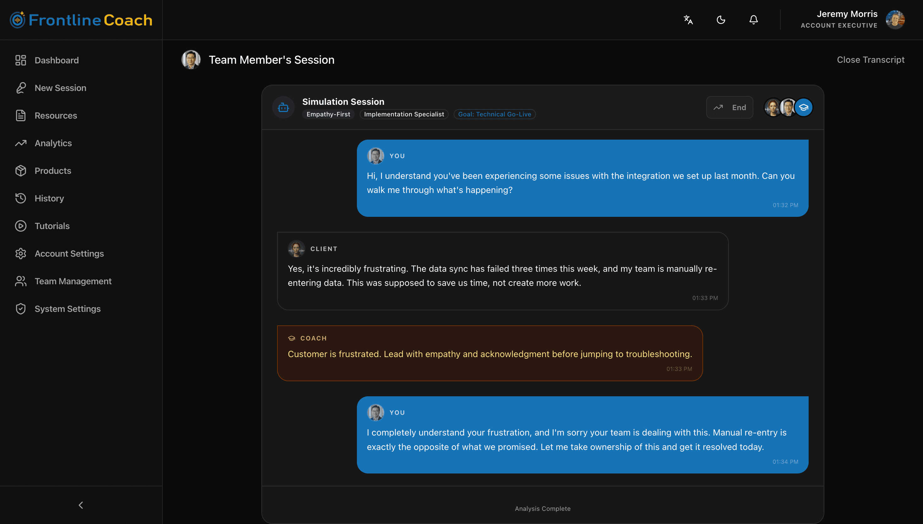 Frontline Coach live roleplay transcript showing real-time coaching feedback during a conversation